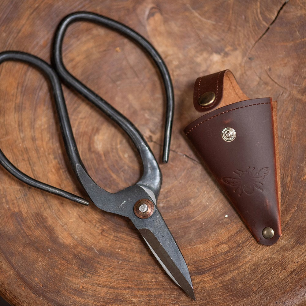 Large steel garden scissors with leather pouch