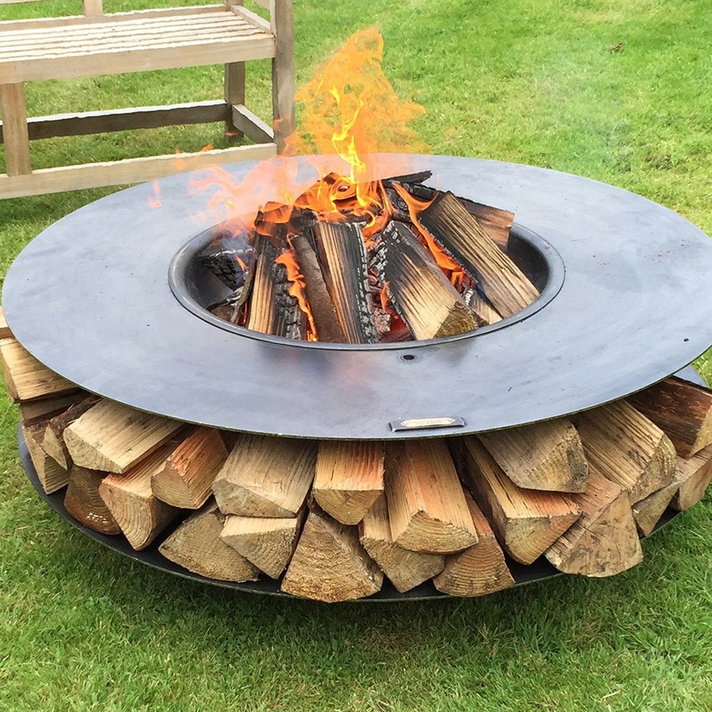 Fire pit with log storage and cooking grill