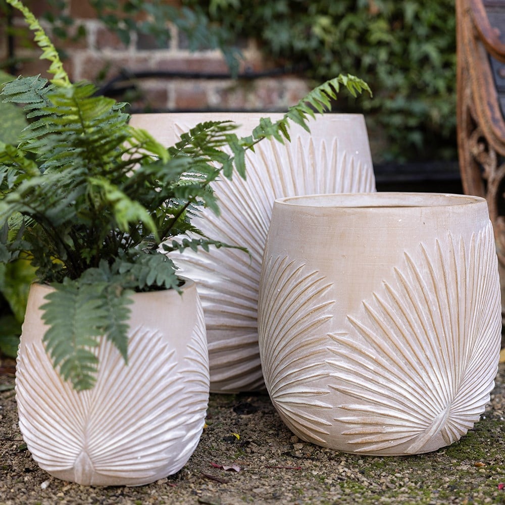Set of three planters with embossed leaf design