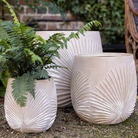 Set of three planters with embossed leaf design