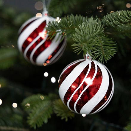 Red & white striped shatterproof baubles - set of 12