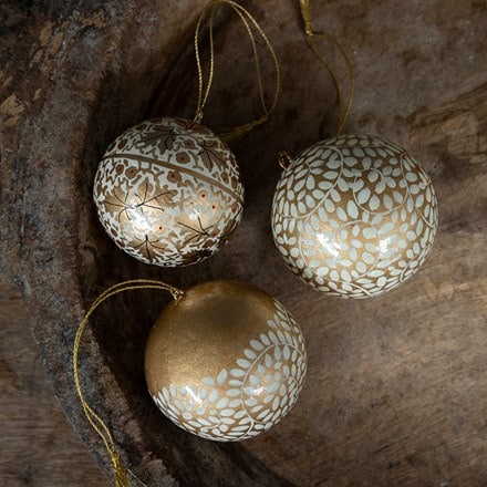 Handpainted gold recycled paper baubles - set of 3