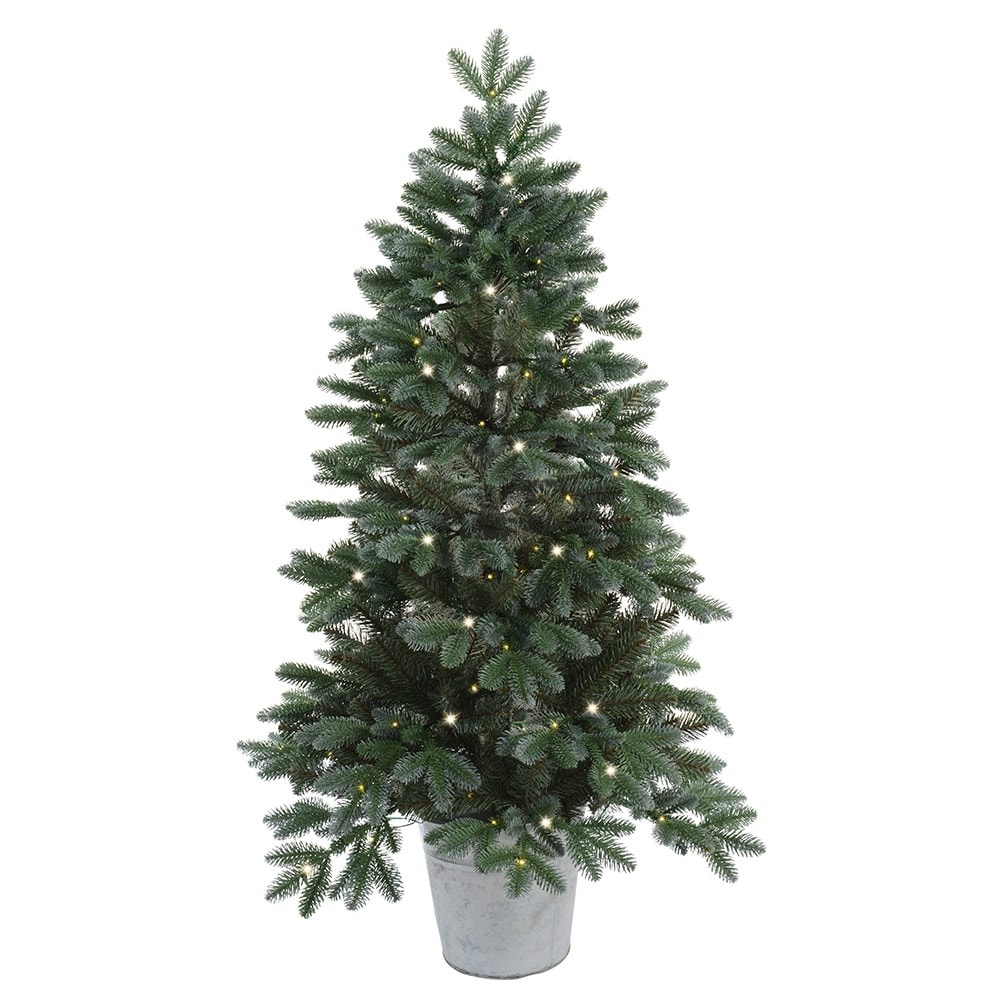 outdoor potted christmas tree with lights