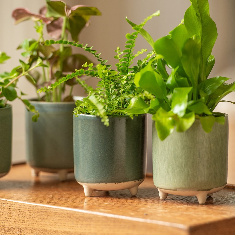 Mini reactive glaze plant pot with feet set of 4 - blue & green 