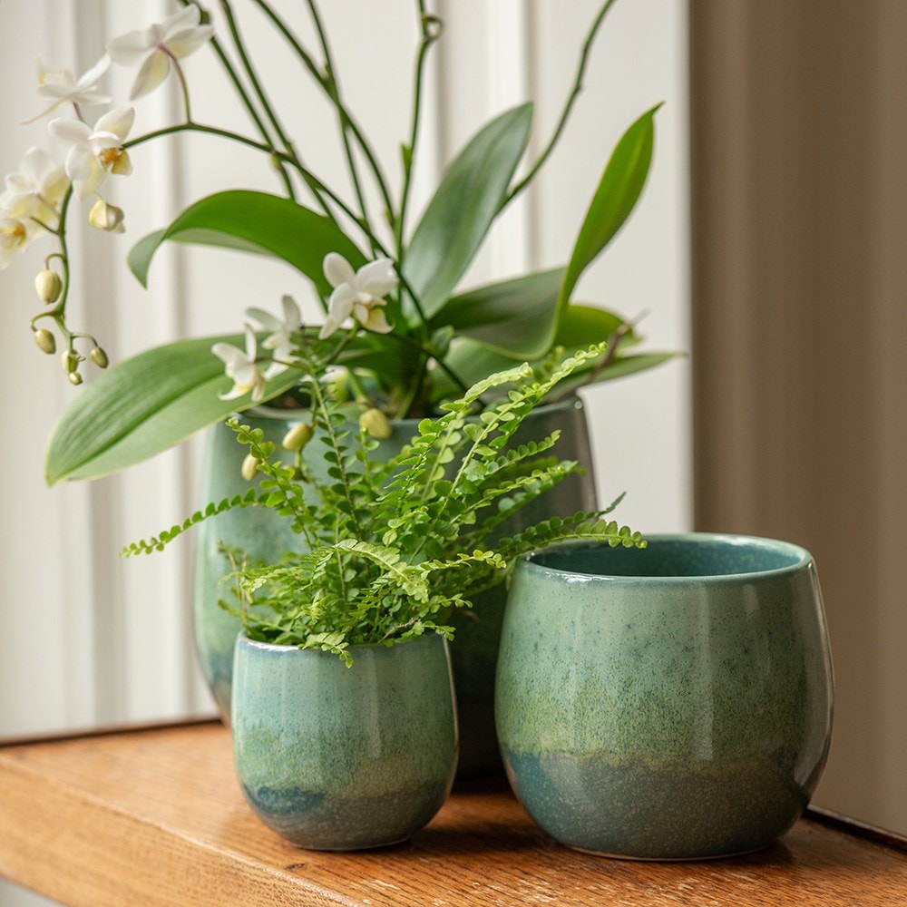 Reactive glaze round ombre plant pot set of 3 - sea green