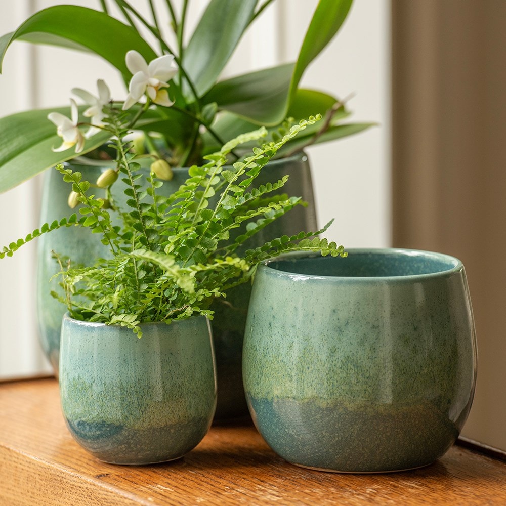 Reactive glaze round ombre plant pot set of 3 - sea green