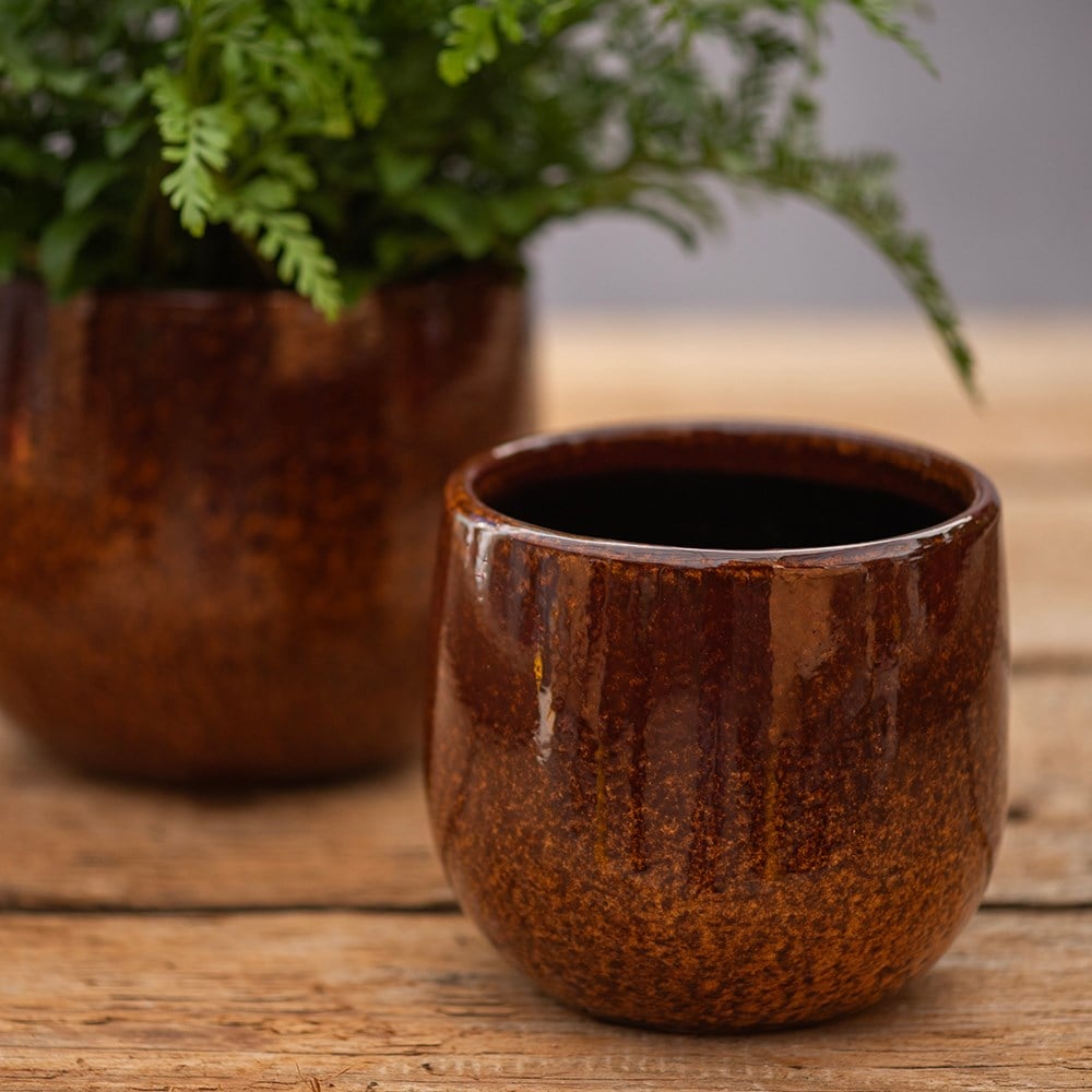 Glazed round plant pot - rust