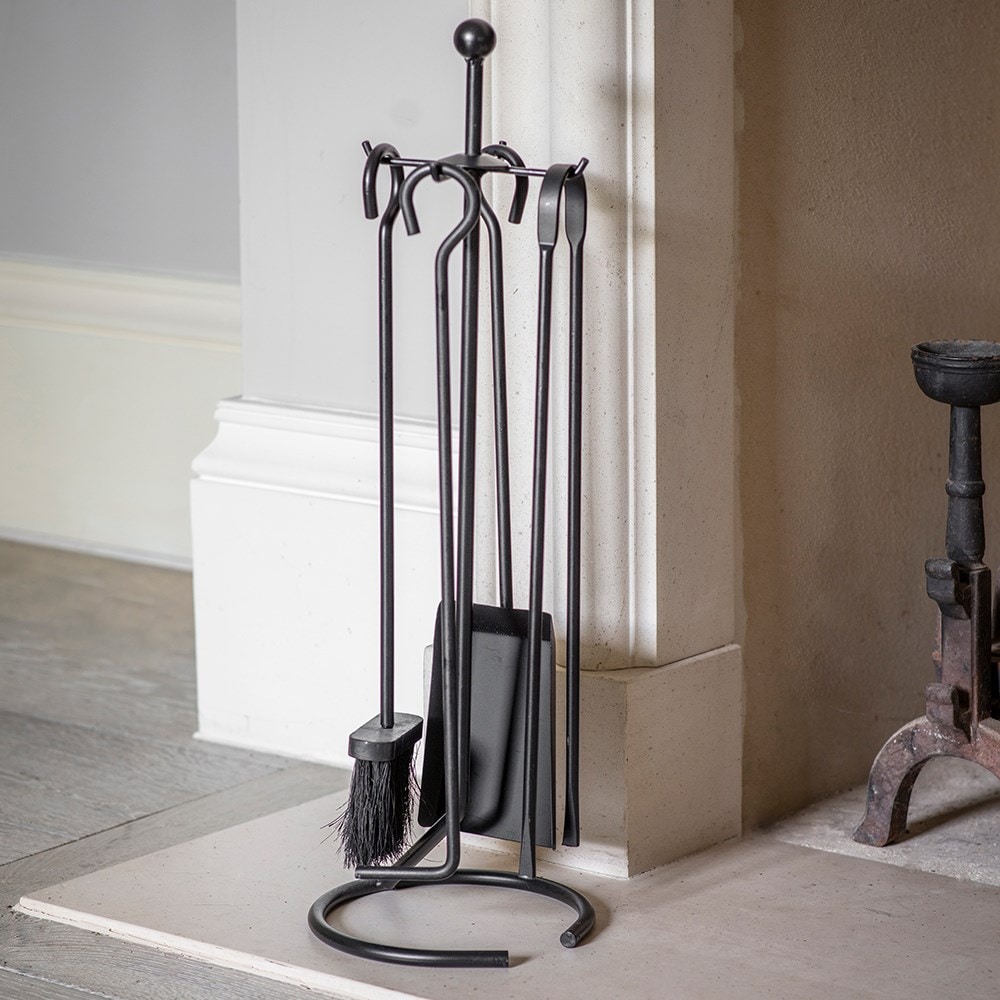 Four piece steel fireside tool set - black