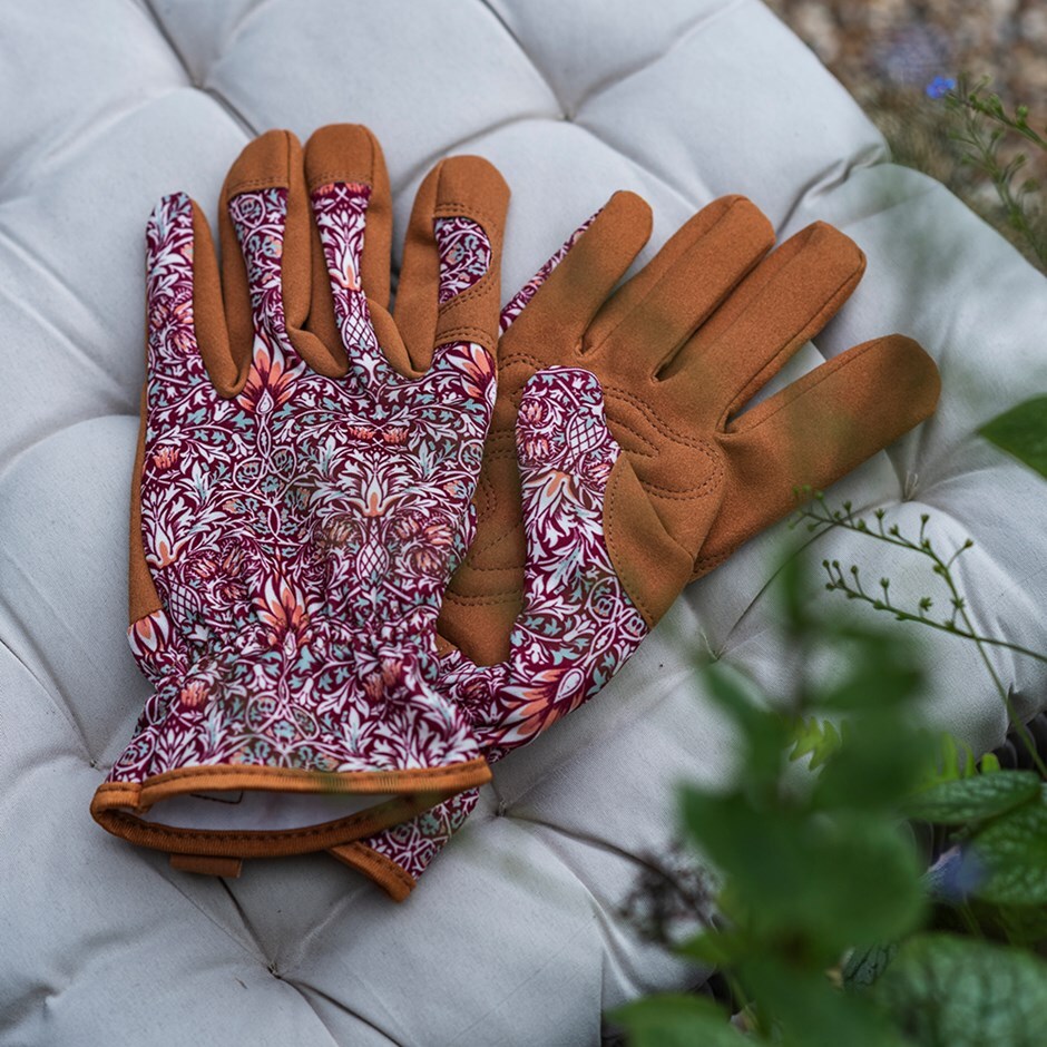 William Morris gardening gloves - burgundy floral