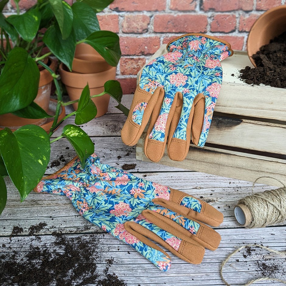 William Morris gardening gloves - pink & blue floral