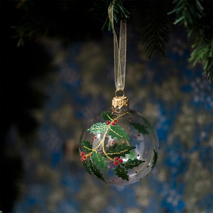 Clear glass holly baubles - set of 6