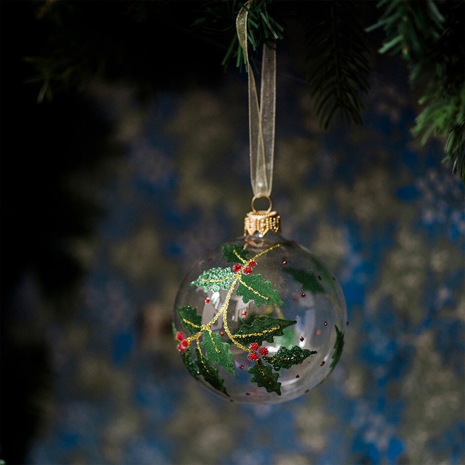 Clear glass holly baubles - set of 6