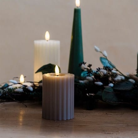 Taupe ribbed LED pillar candle