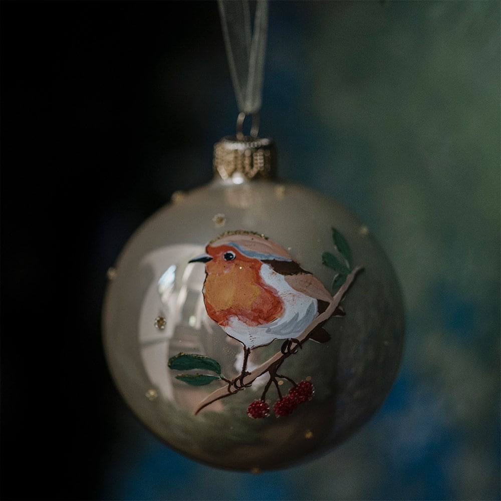Hand painted robin glass bauble