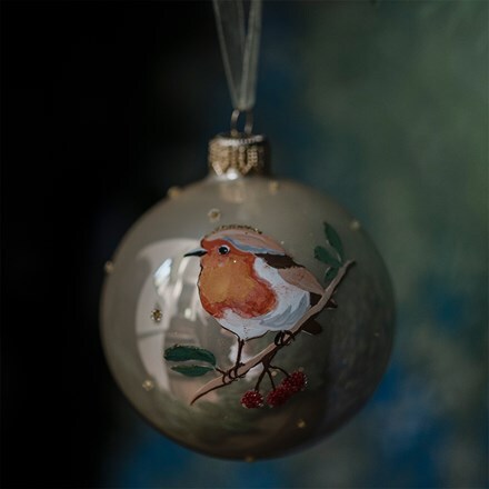 Six painted robin glass baubles