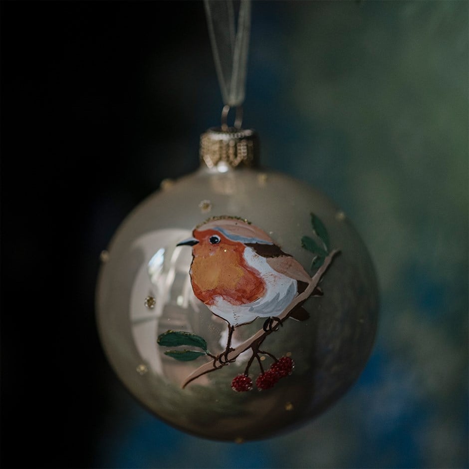 Six painted robin glass baubles