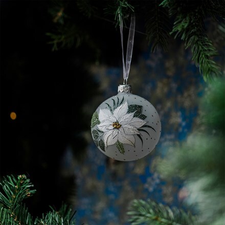 Six poinsettia hand painted glass baubles