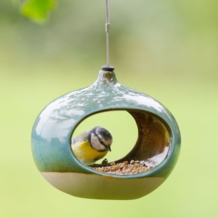 Ceramic hanging bird seed feeder - green