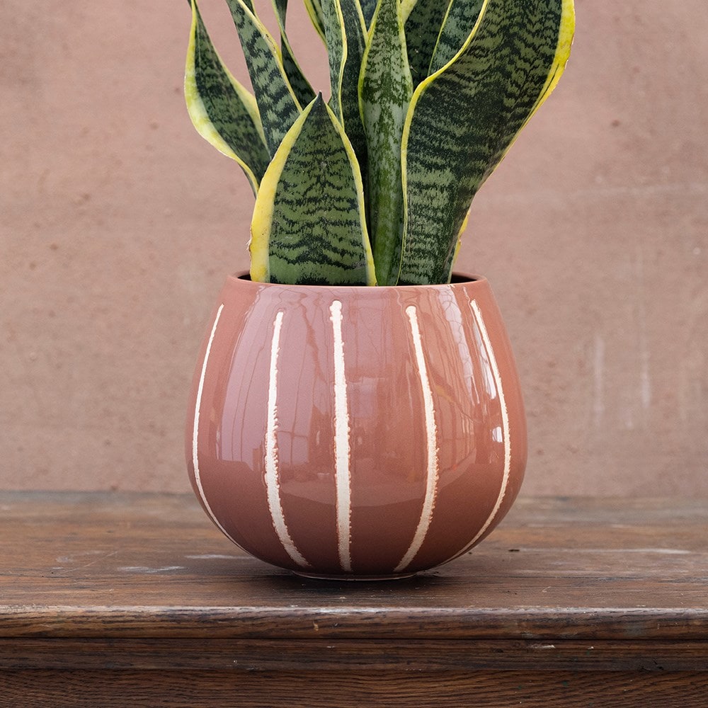 Striped glaze round plant pot - rose pink