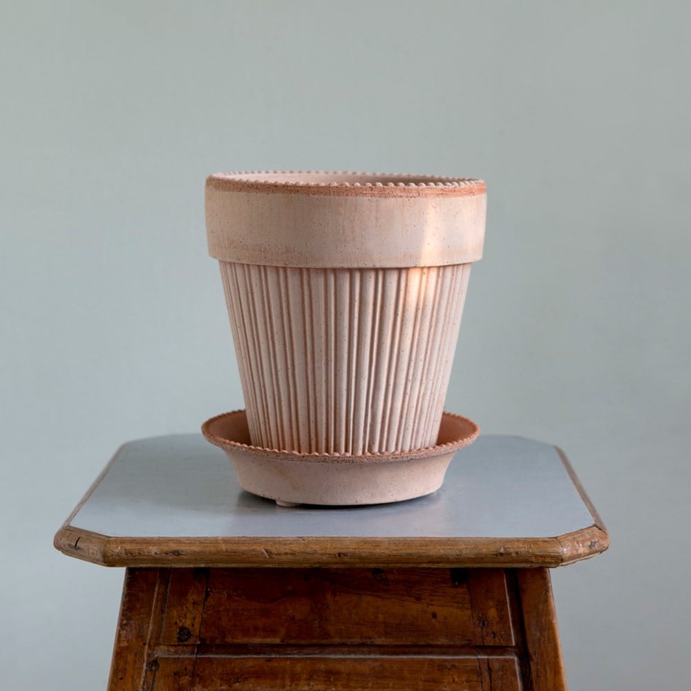 Buy Ribbed tapered plant pot with saucer - terracotta: Delivery by Crocus