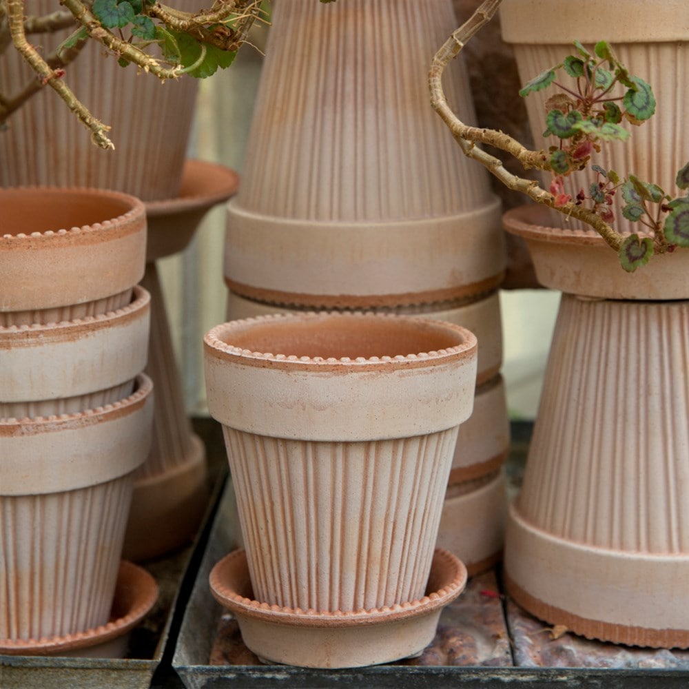 Buy Ribbed tapered plant pot with saucer - terracotta