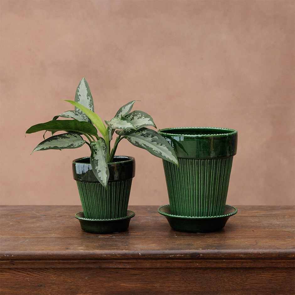 Ribbed tapered plant pot with saucer - dark green