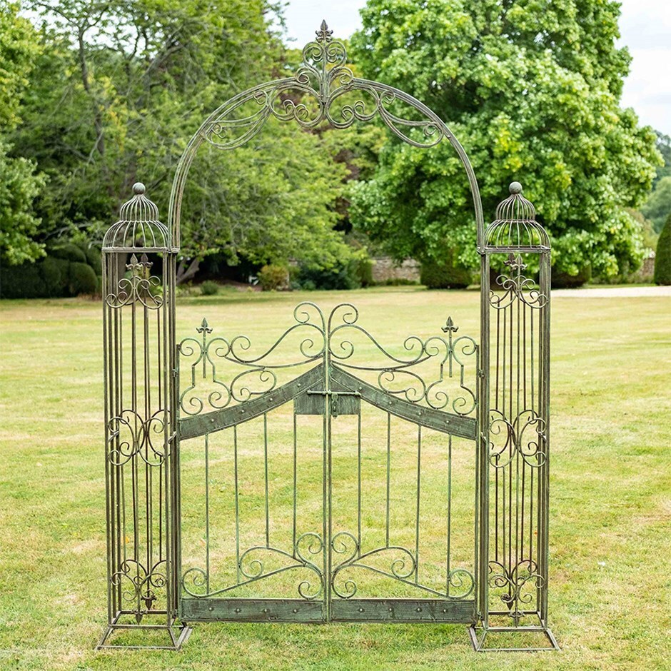 Vintage garden arch with gates - antique green rust