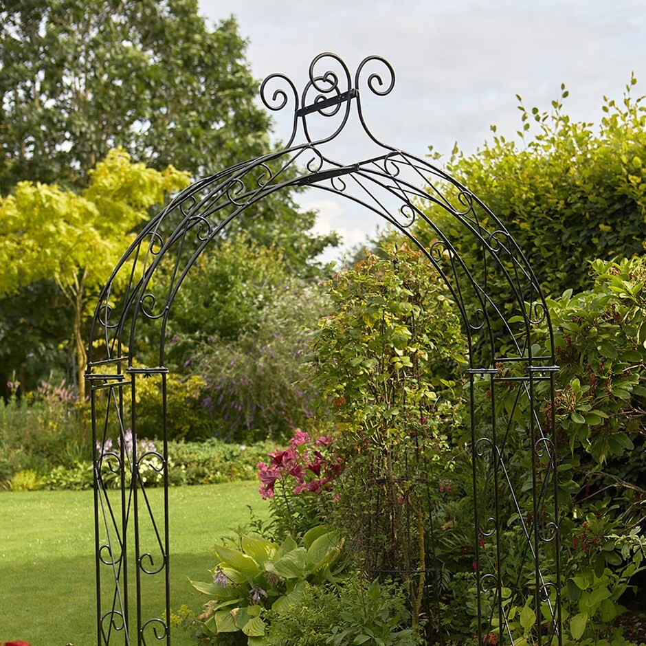 Ornate scroll garden arch - black