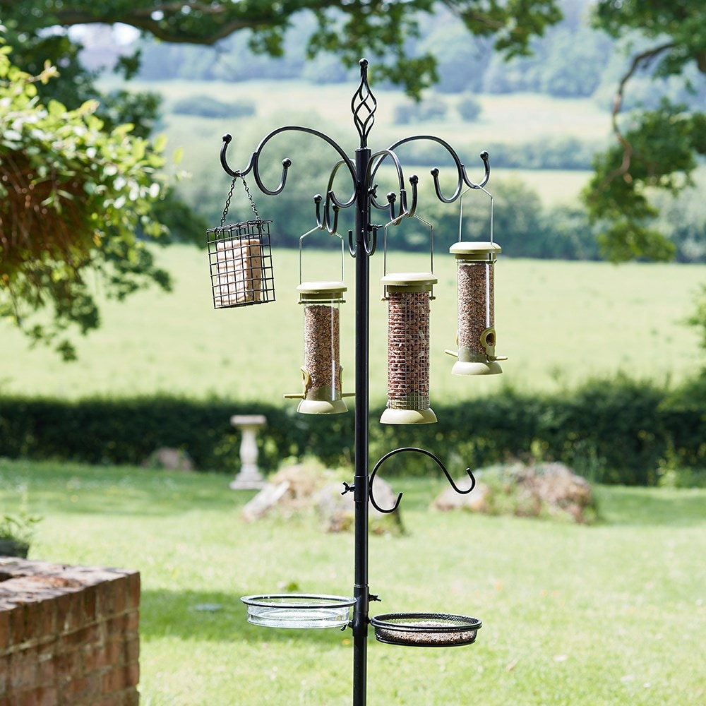 Complete bird feeding station with feeders - black