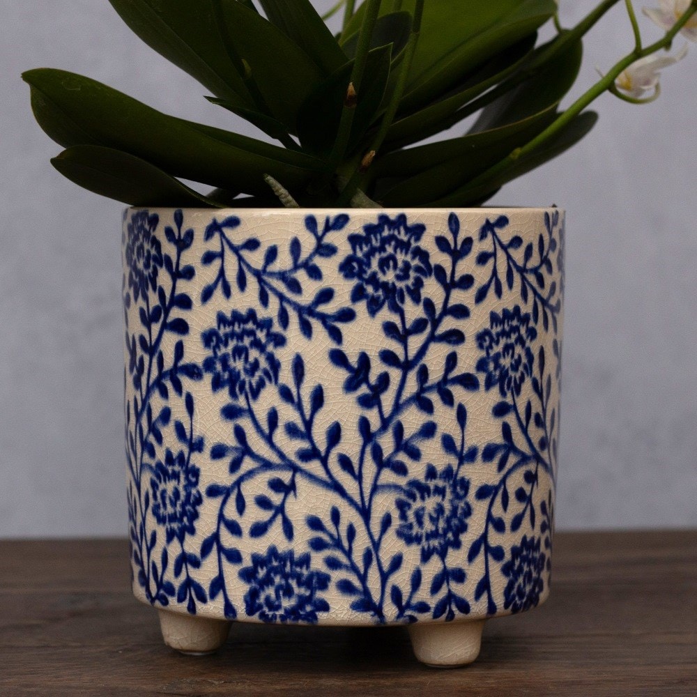 Floral print plant pot with feet - blue
