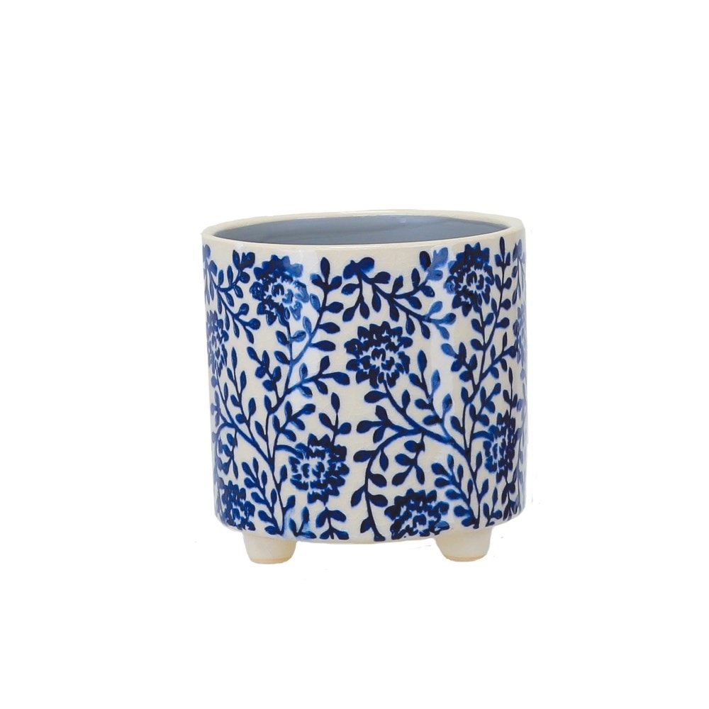 Floral print plant pot with feet - blue