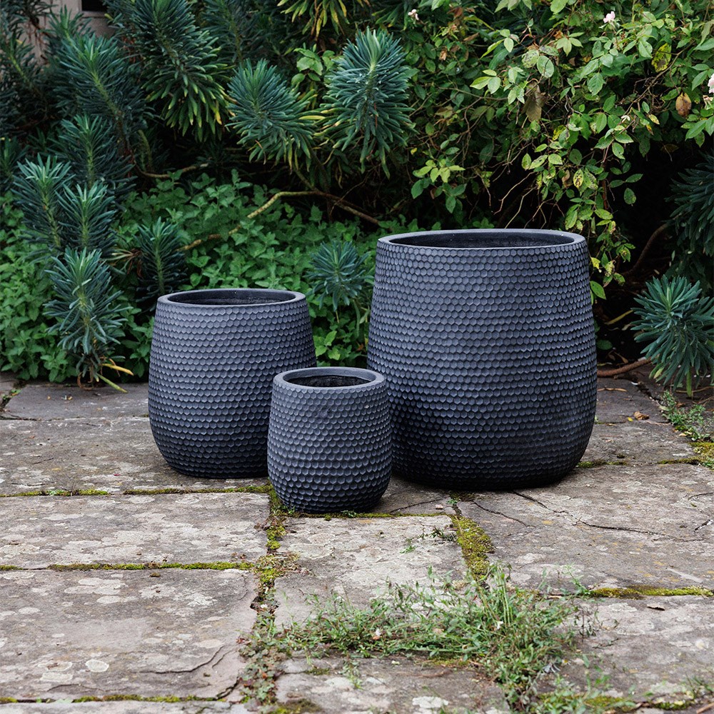 Set of three honeycomb textured planters - black