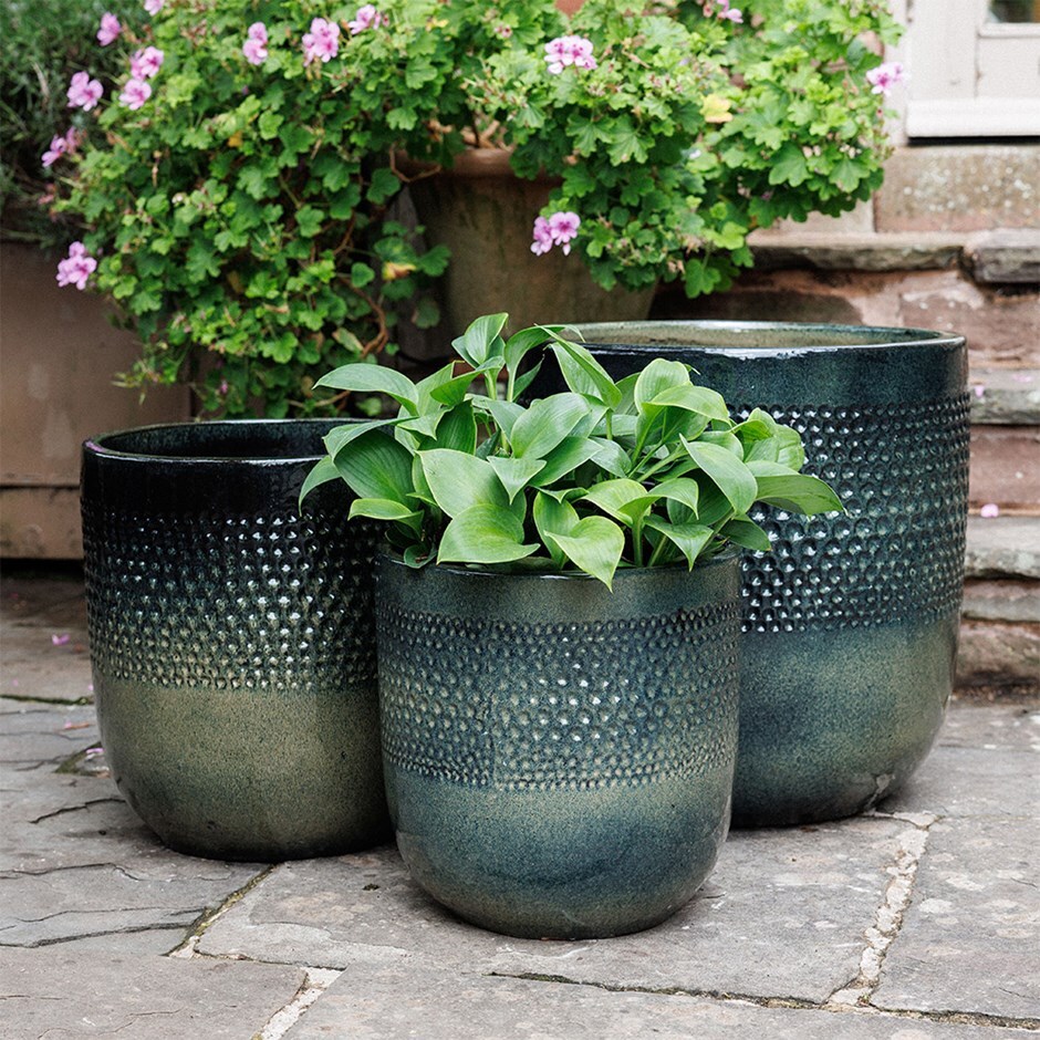 Glazed planter with dot design - petrol green
