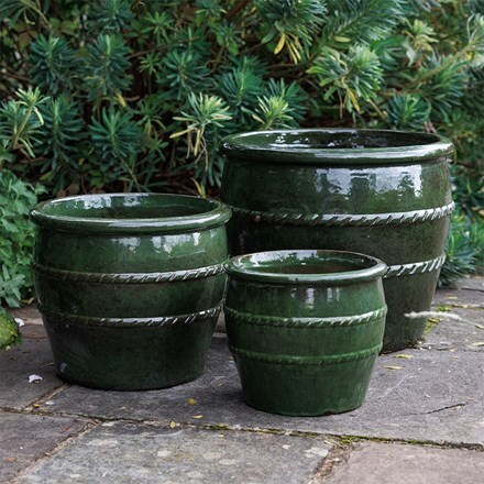 Glazed terracotta planter with rope detail - green