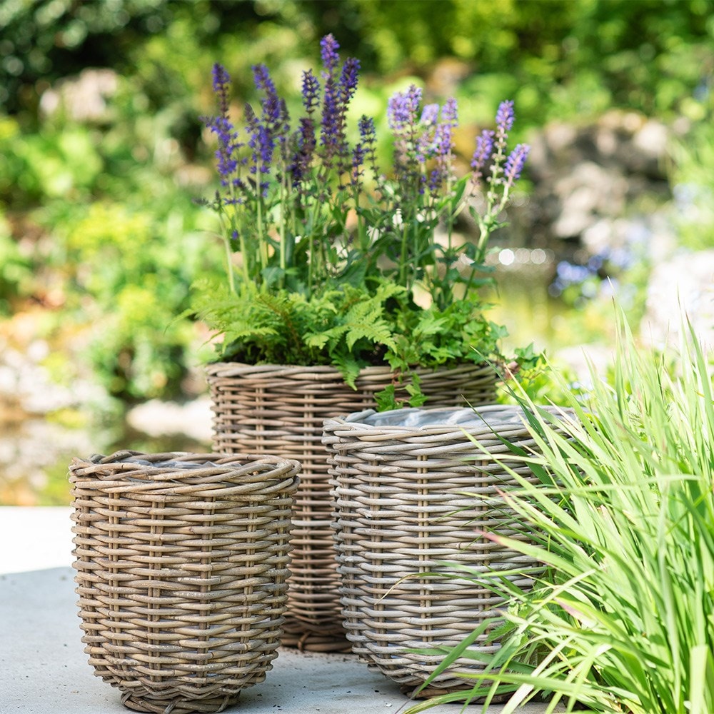 Set of three weatherproof basket planters