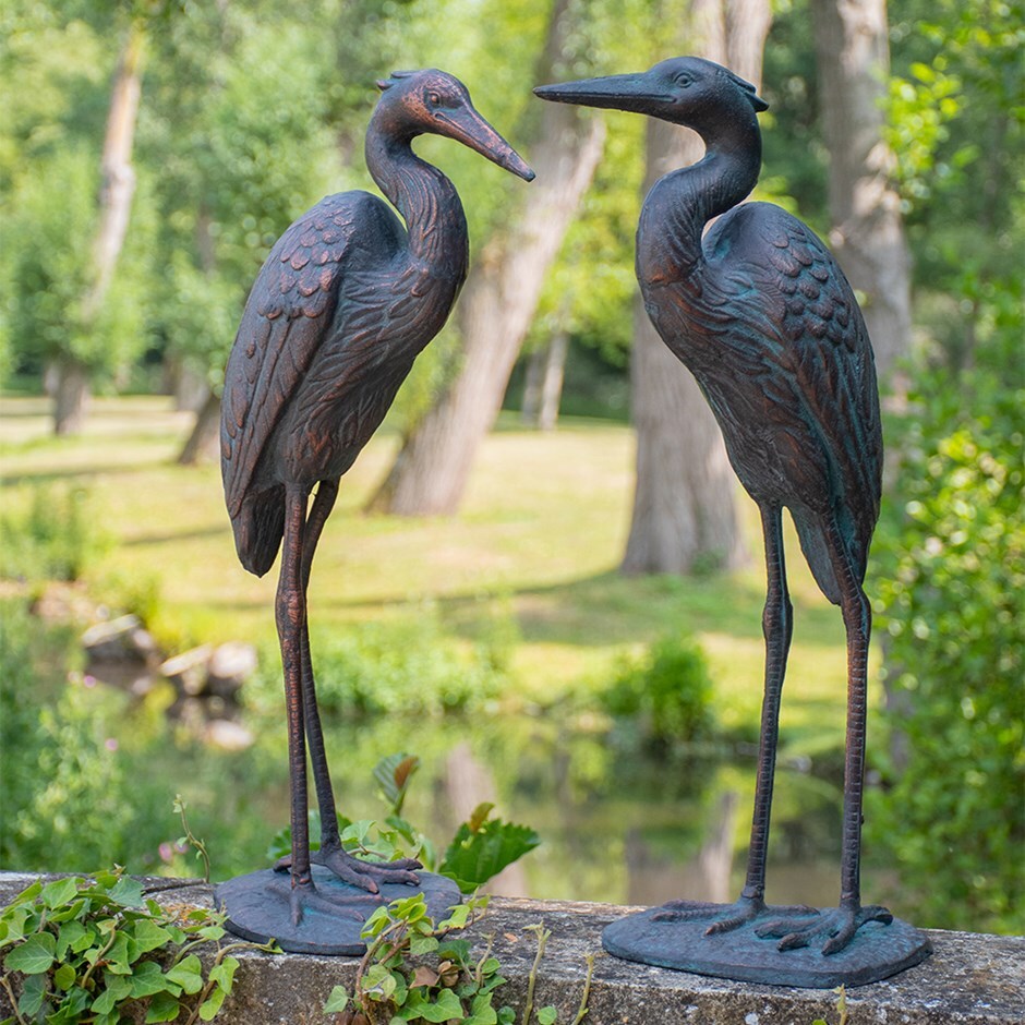 Set of 2 standing cranes - aged verde
