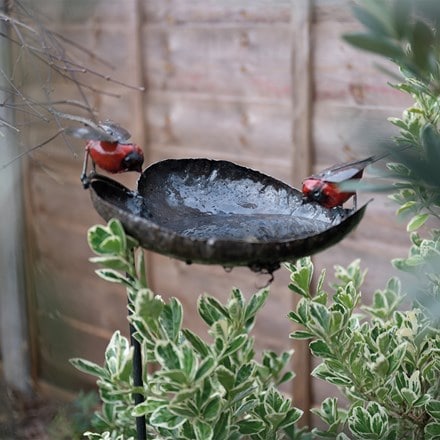 Leaf bird feeder on stake