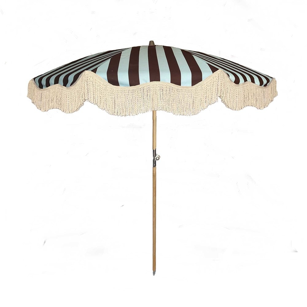 Blue brown stripe tassel edge parasol 1.8m