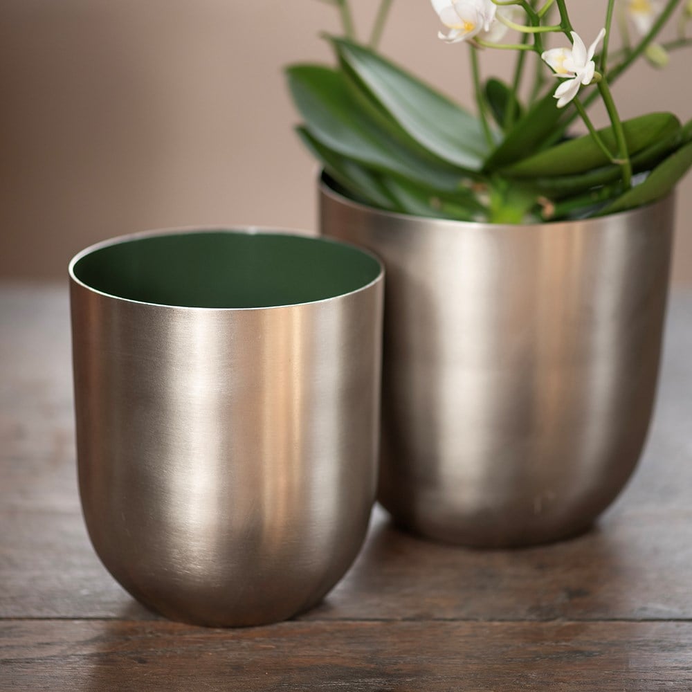 Brushed silver pot with enamel interior