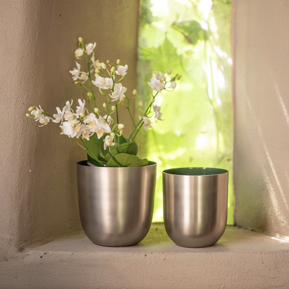 Brushed silver pot with enamel interior