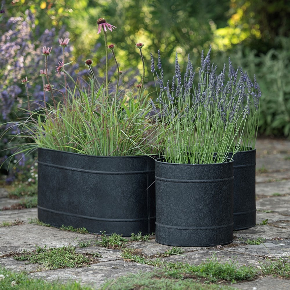Galvanised metal planter and trough set - charcoal