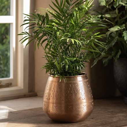 Traditional etched pot/vase - brushed copper