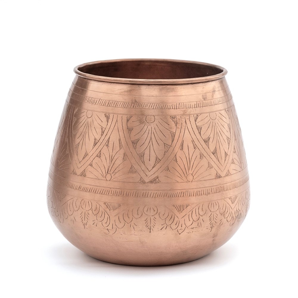 Traditional etched pot/vase - brushed copper 