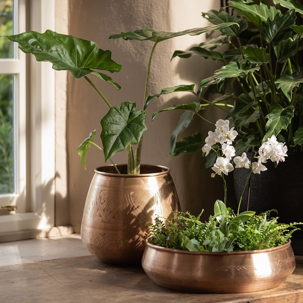 Traditional etched pot/vase - brushed copper 
