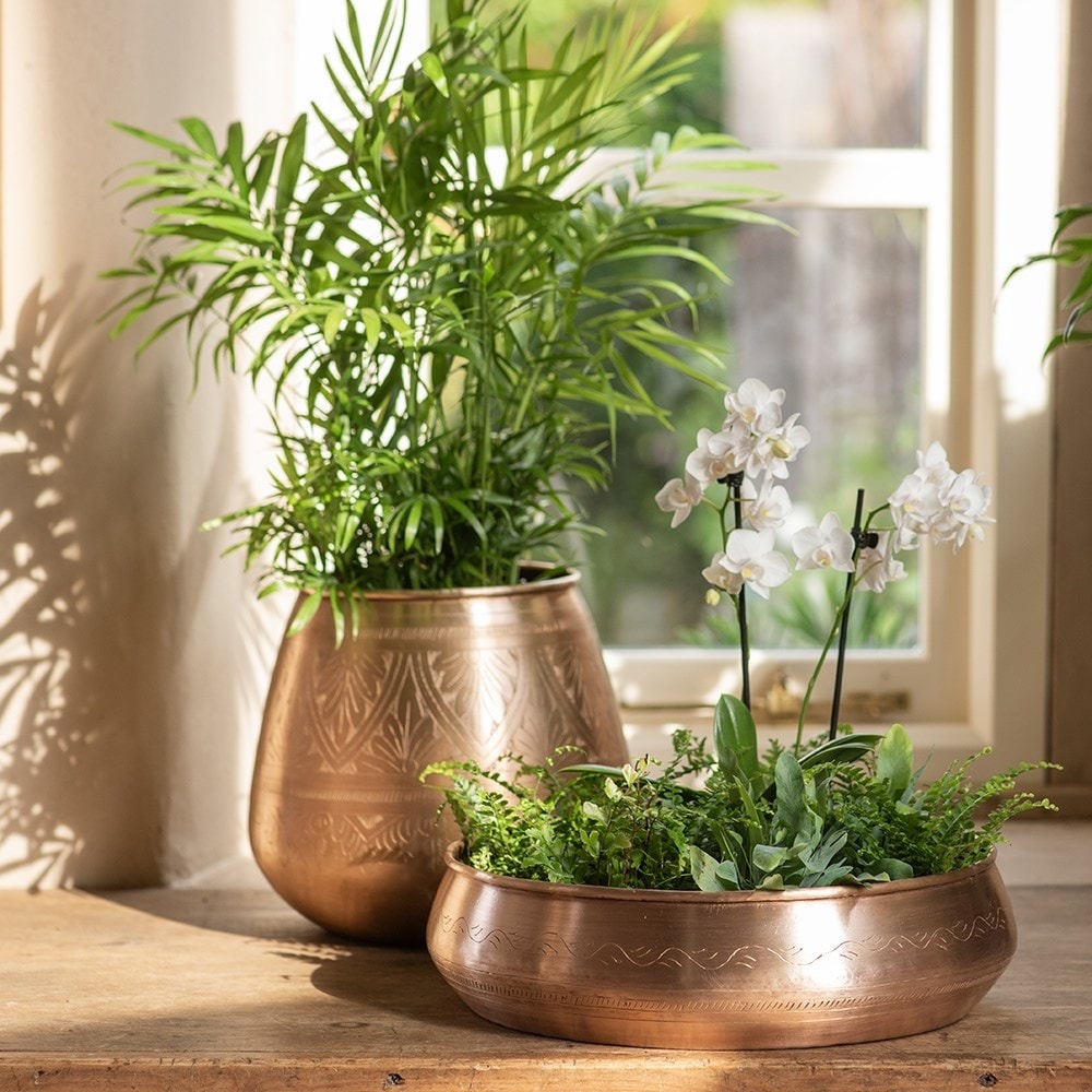 Traditional etched pot/vase - brushed copper 