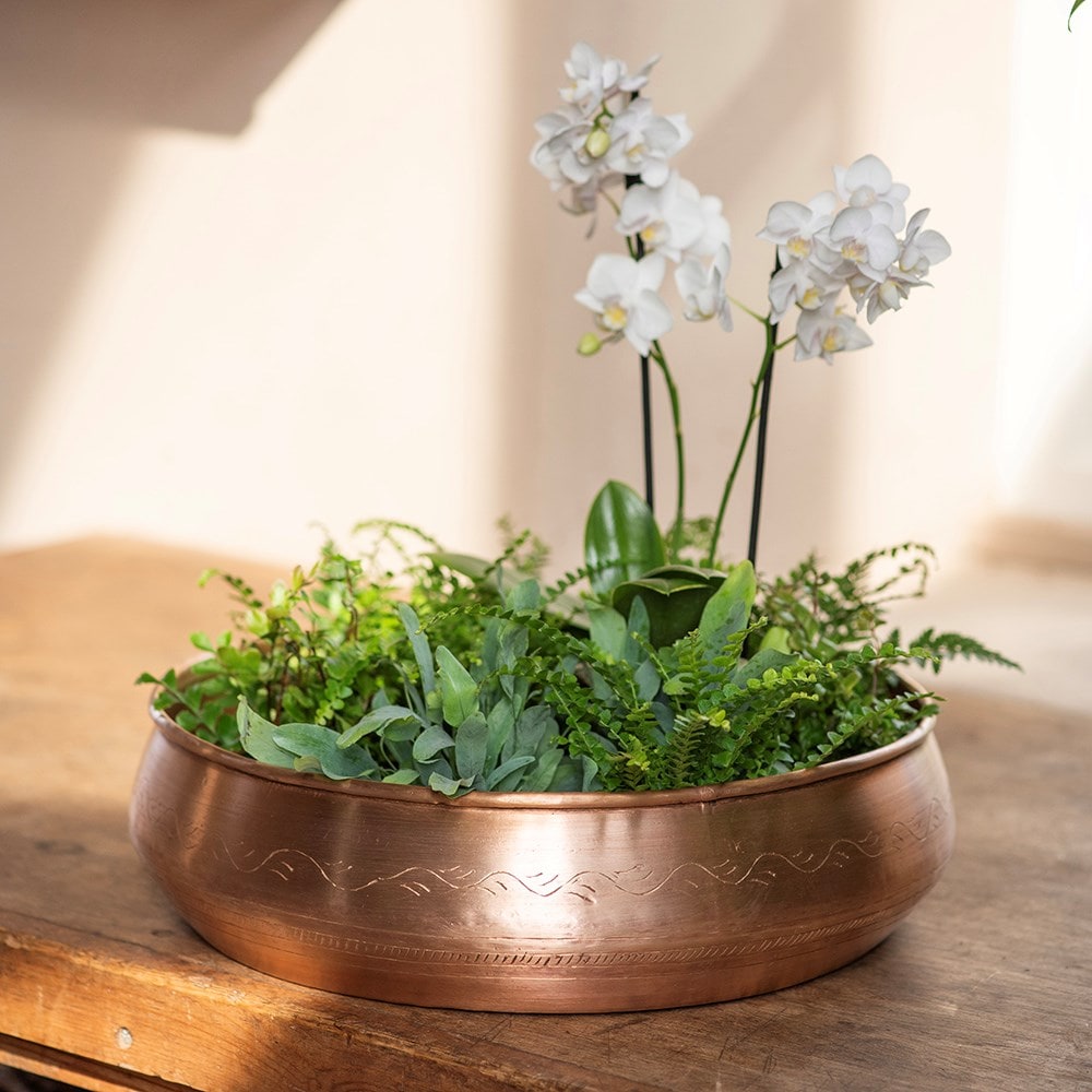 Traditionally etched copper bowl