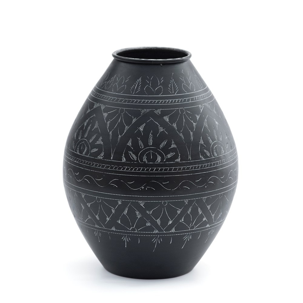 Traditionally etched black vase 