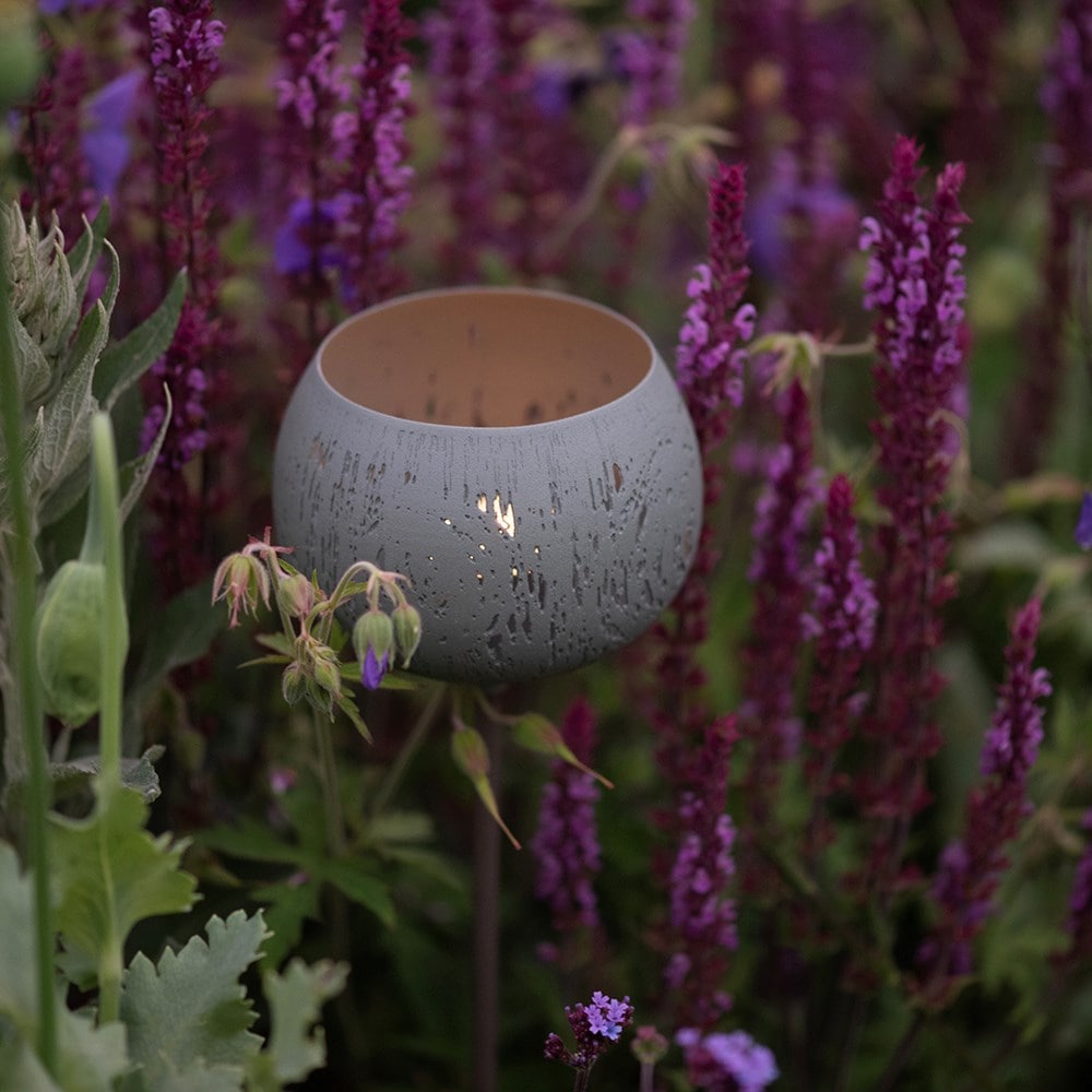Etched lichen stake tealight holder