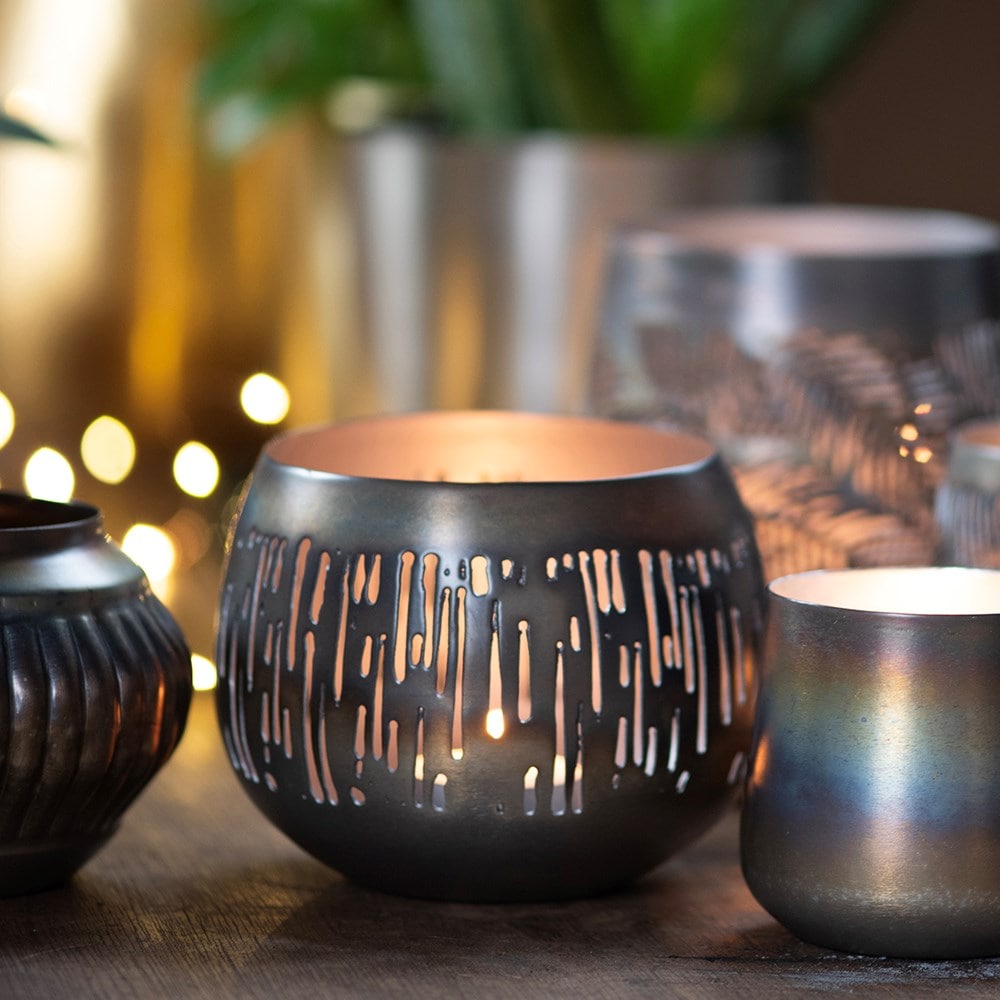 Etched burnt silver tealight holder