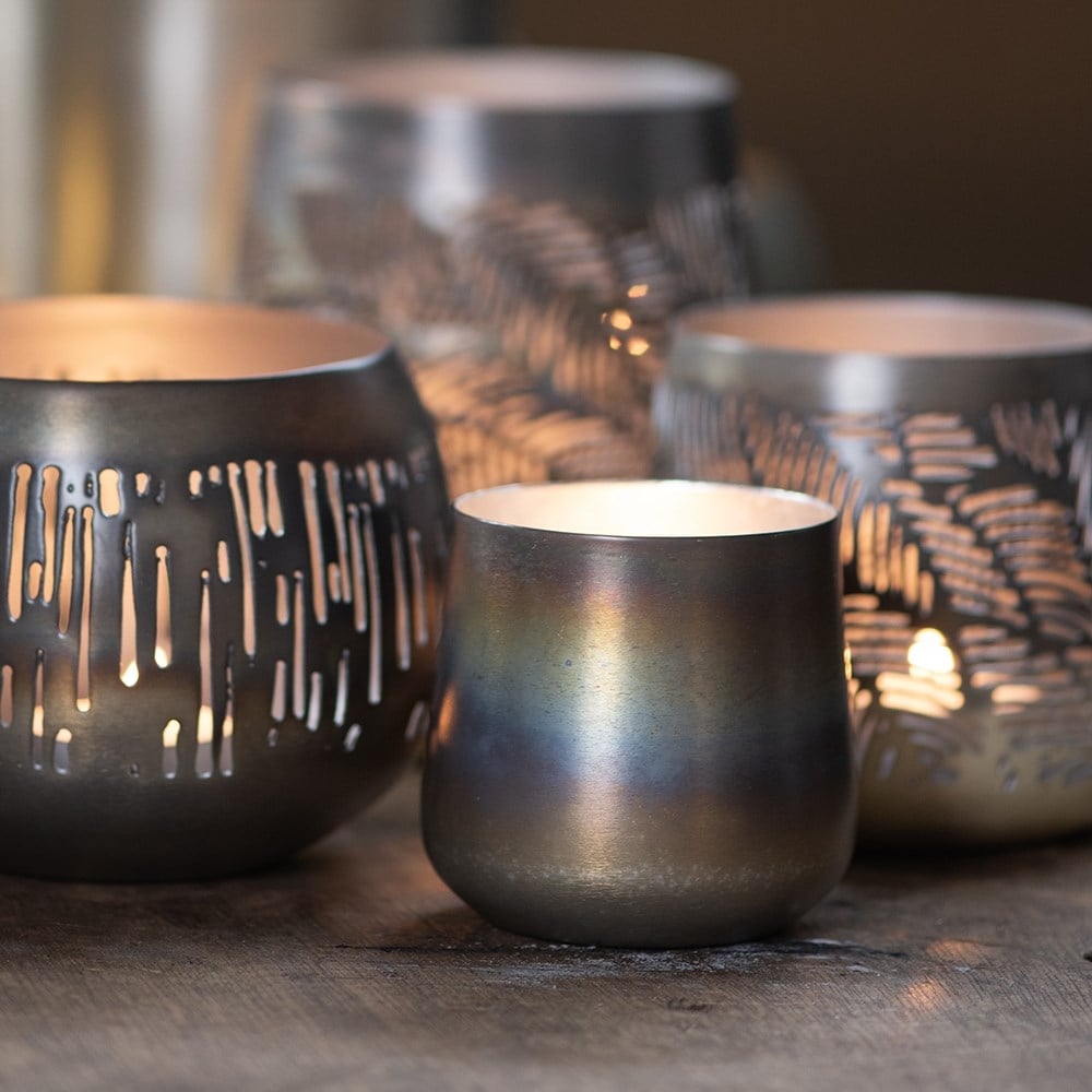 Etched burnt silver tealight holder
